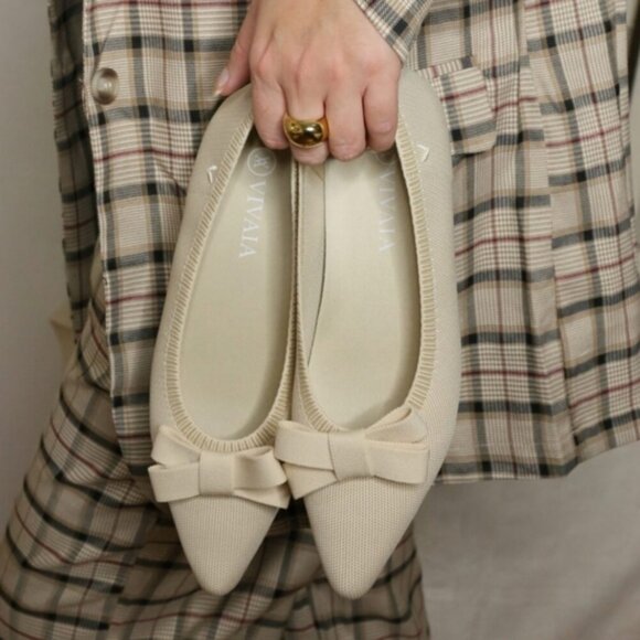 Vivaia Shoes - VIVAIA Pointed-Toe Bow Flats-Cream Ivory Women's 7